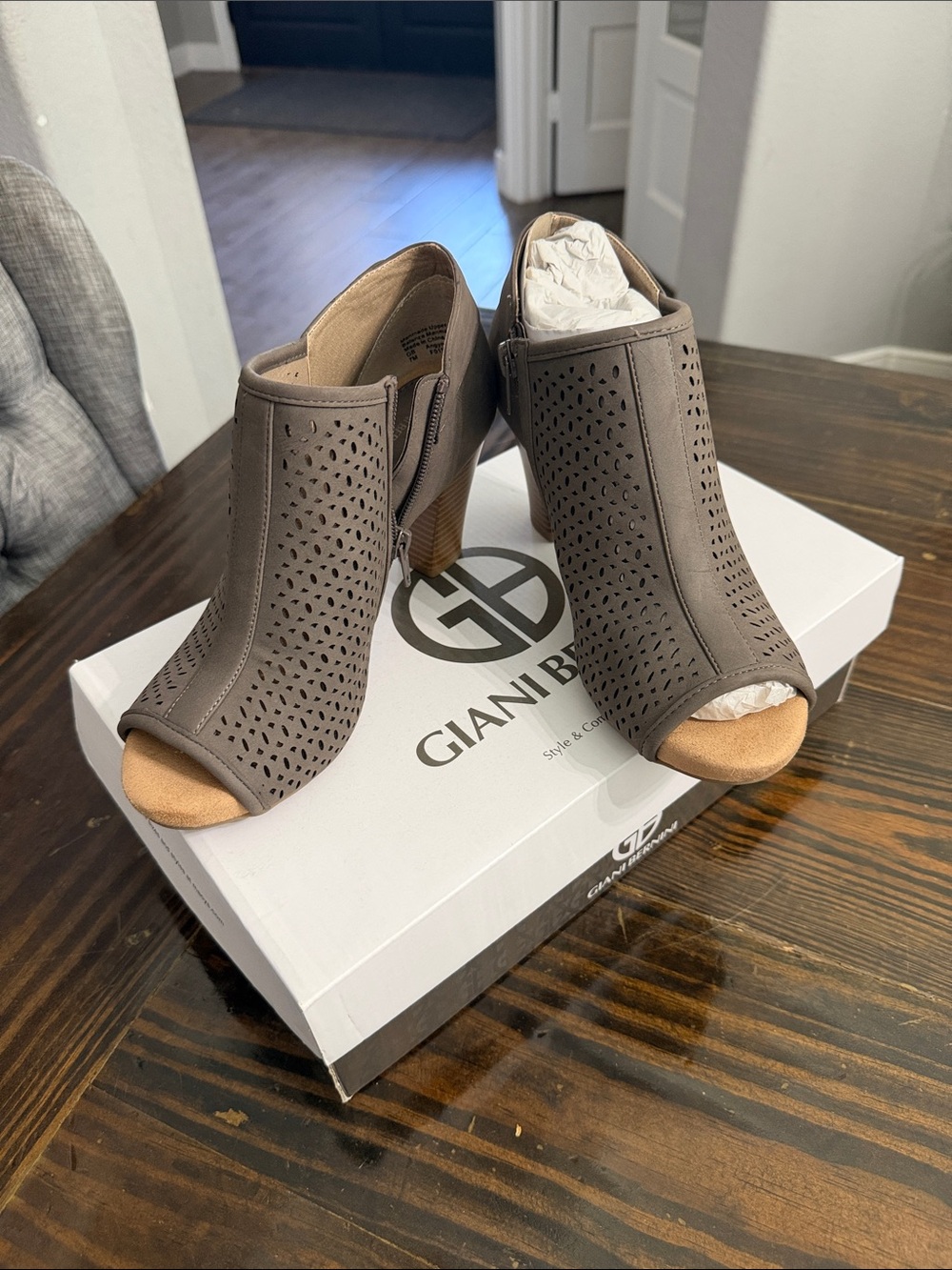 Giani Bernini Taupe Perforated Peep-Toe Mules